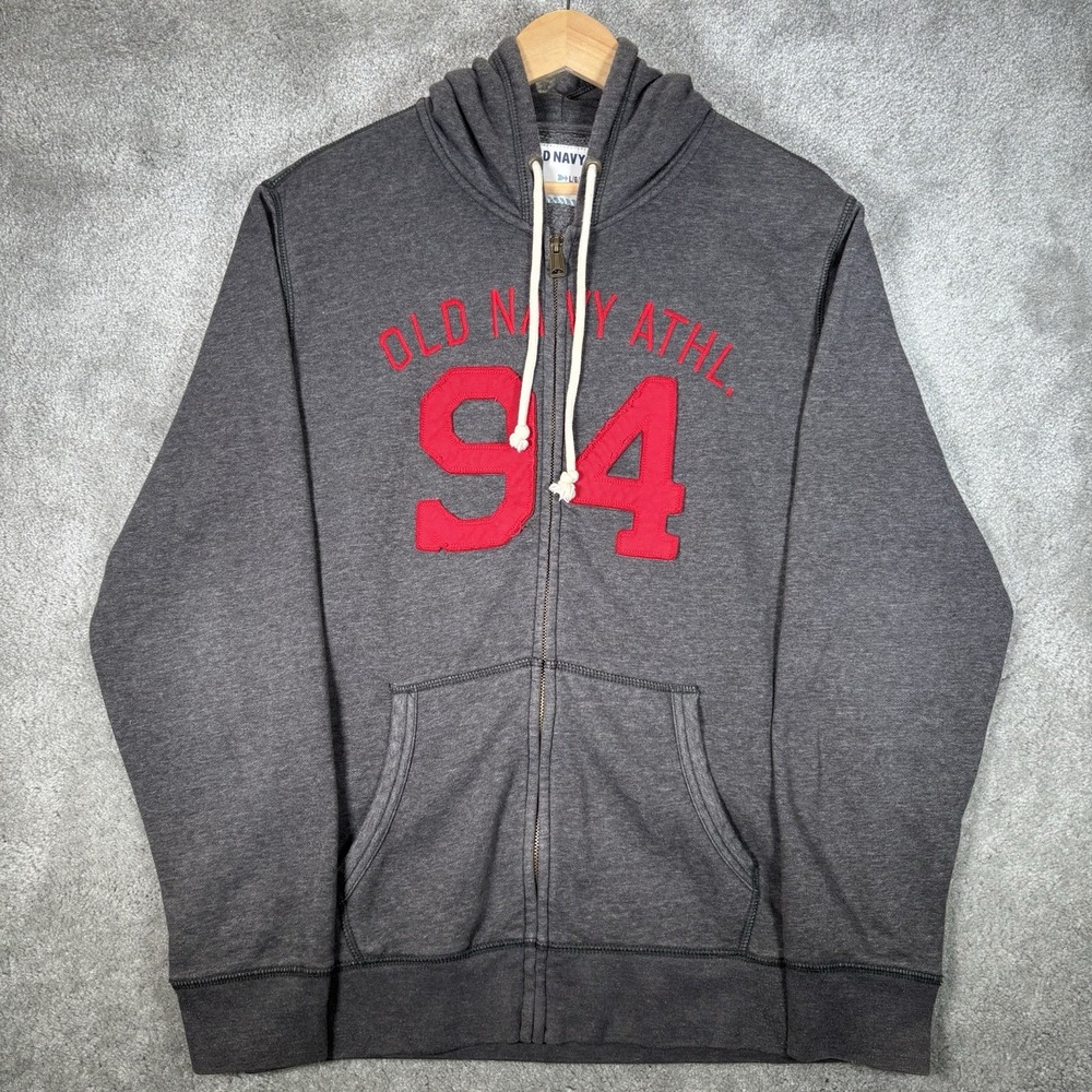 Old Navy Hoodie Sweatshirt Mens L Full Zip Gray Fleece Embroidered Applique Y2K